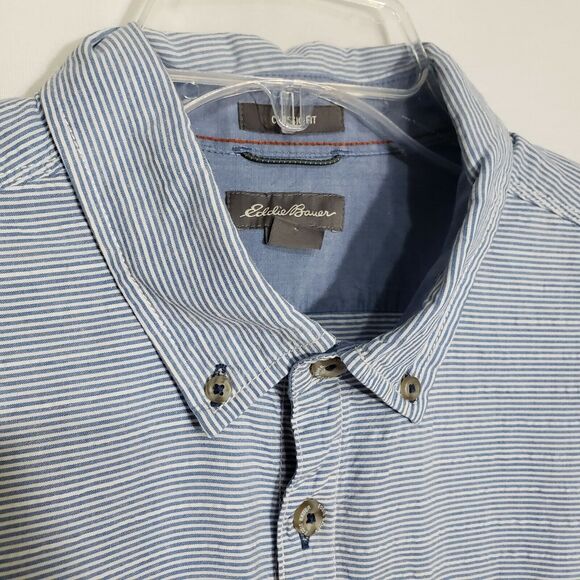 Eddie Bauer Mens Shirt Large Button Classic Fit Striped Blue Pocket Short Sleeve - Picture 3 of 9